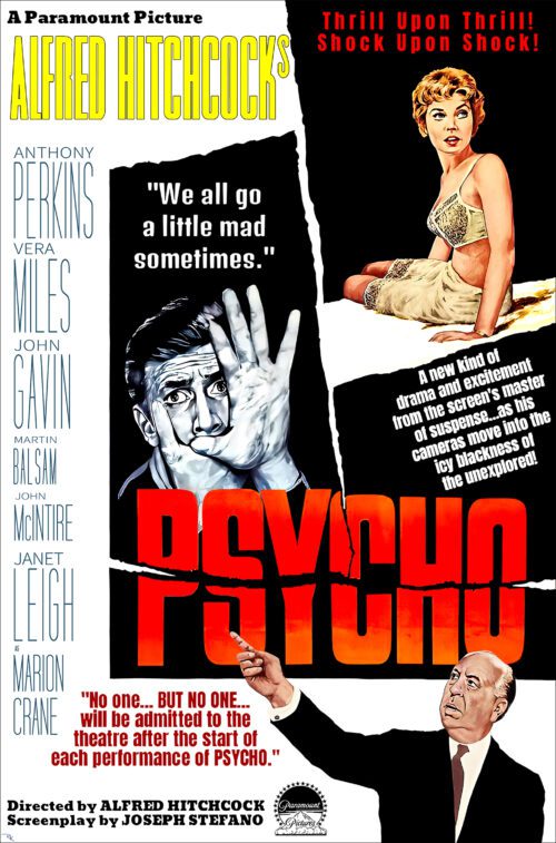 "Psycho" directed by Alfred Hitchcock, starring Janet Leigh and Anthony Perkins