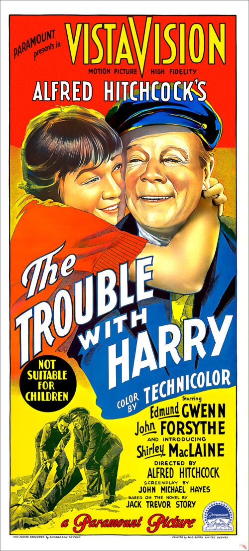 "The Trouble with Harry" directed by Alfred Hitchcock, starring John Forsythe, Edmund Gwenn, and Shirley MacLaine