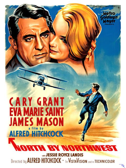 "North by Northwest" directed by Alfred Hitchcock, starring Cary Grant and Eva Marie Saint