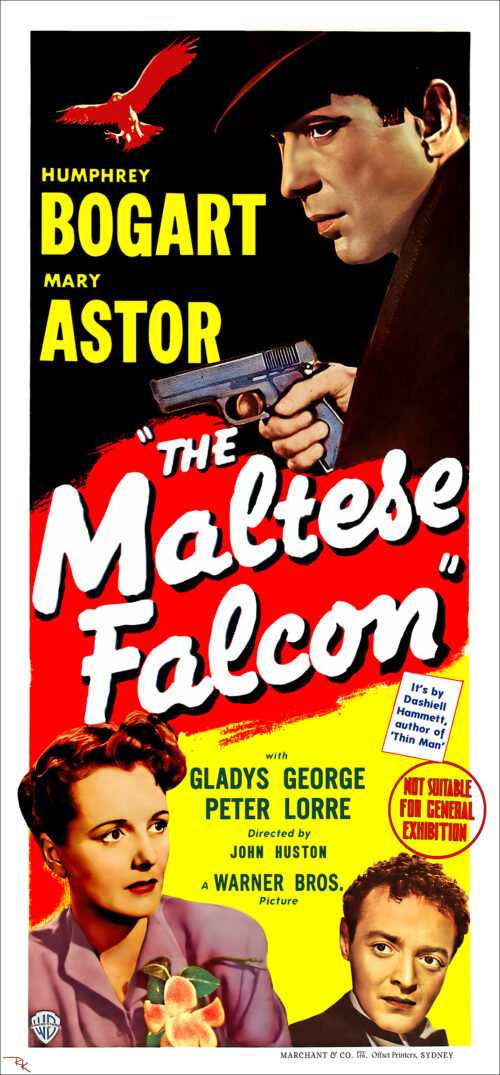 Digitally restored “The Maltese Falcon” movie poster starring Humphrey Bogart with Mary Astor - The Movie Poster Store